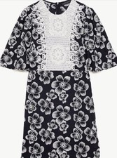 New Zara Black White Embroidered Short Mini Dress M Floral 60s 70s Retro Look