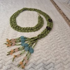 VINTAGE Braided Green Glass Bead Belt With Pastel Beaded Tassel  Buttons Retro