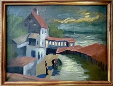 Original Vintage Oil Painting "Mutz’s Boathouse” Signed R. Kennedy 1946 -25”x20”