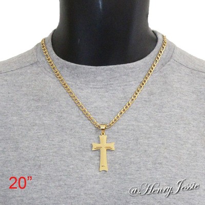 20''Stainless Steel 5mm Gold Plated Figaro Chain Necklace Cross Pendant*GD