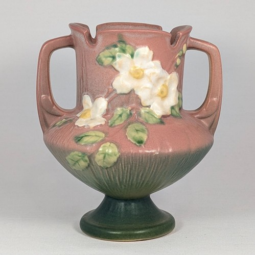 Roseville Pottery White Rose Vase 146-6 Doppelhenkel Trophäe Keramik