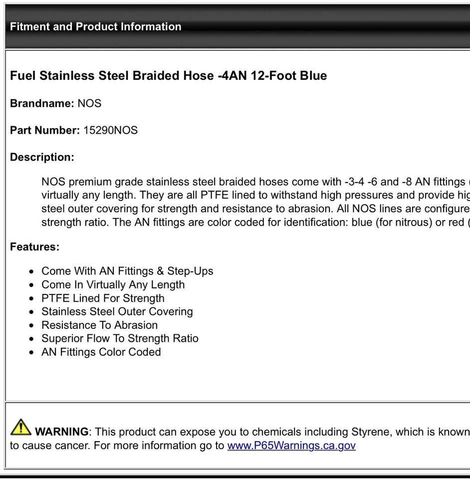 NOS 15290NOS Fuel Stainless Steel Braided Hose -4AN 12-Foot; Blue - Image 2 of 2