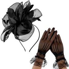 2 Pcs Fascinators Hat for Women Headband Tea Party with Lace Glove 50s Hat Top