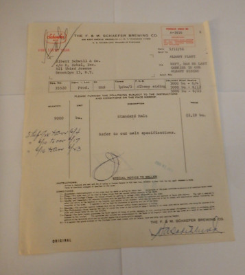 1958 F. & M. SCHAEFER BREWING CO. PURCHASE ORDER to ALBERT SCHWILL CO. MALT BEER