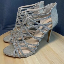 INC Shoes Strappy Cage Heels 8.5 Sharee 2 Glitter Sparkle Silver Wedding Prom