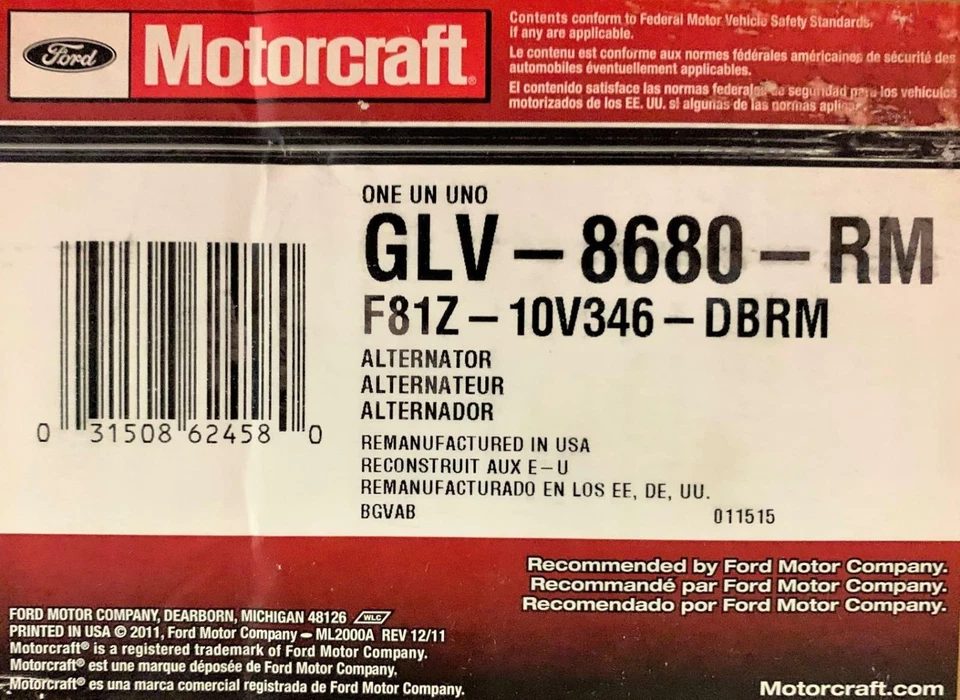 GLV-8680-RM Motorcraft Alternator for 1999-2002 Ford Van E-350 Econoline - Image 2 of 3