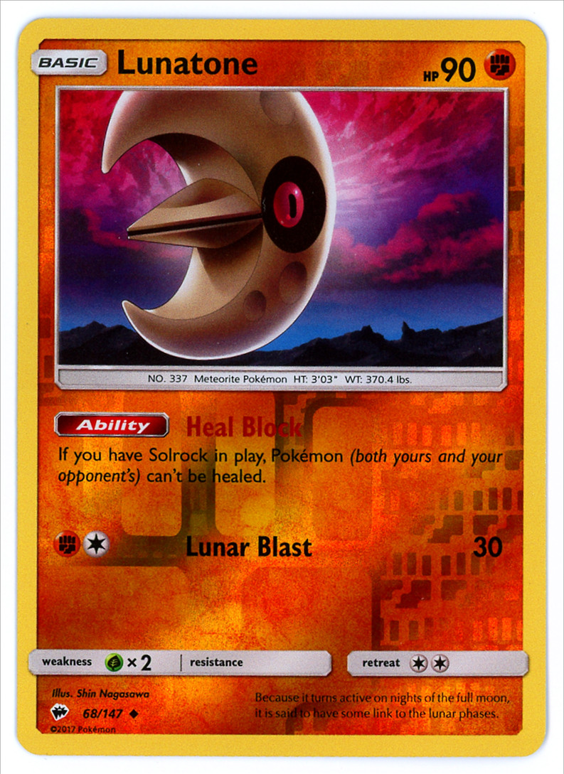 Pokemon Card Burning Shadows Lunatone 68/147 Reverse Holo Uncommon - NM/MT
