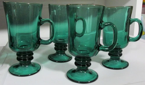 Vintage Libbey Juniper Green Irish Coffee Mug Pedestal Gold Rim Set of 4