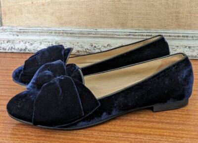 Elegant Chatelles Paris Dark Blue Velveteen Large Bow Flats Slippers 41 EU  11 US