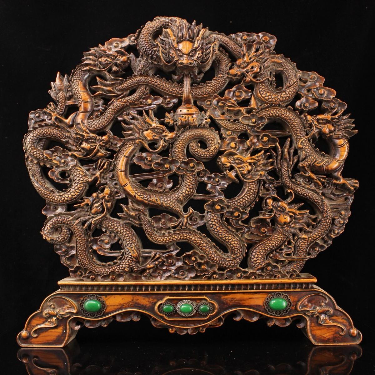 old boxwood carving home decor fengshui good fortune wealth nine dragon screen