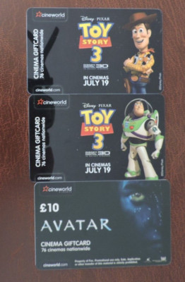 DISNEY TOY STORY & AVATAR FILM GESCHENKKARTEN CINEWORLD UK. SAMMLERSTÜCK.
