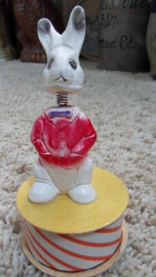 Vtg Chalkware Easter Boy Bunny Rabbit Spring Neck Candy Container 6'' T x 3'' Dia.