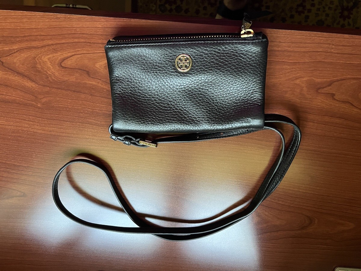 TORY BURCH Black Pebble LEATHER Zip/Magnetic FOLD-OVER CROSSBODY