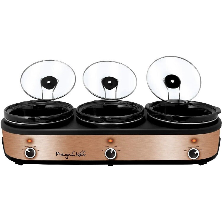 MegaChef Triple 2.5 Qt Slow Cooker Buffet Server in Brushed Copper w Lids Rests