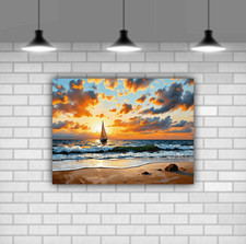 Segelboot bei Sonnenuntergang gedruckt Leinwand Wandbild massiver Kieferrahmen fertig zum Aufhängen