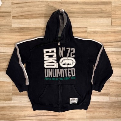 Ecko Unltd Mens XL Black Zip Up Hoodie Rhino Graphic Streetwear Y2K Sweatshirt