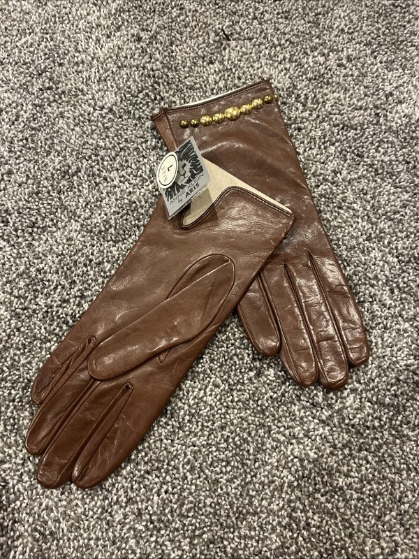 Aris Anne Klein NEW Tags Vintage SZ 7 Mink Brown Leather Gloves Gold Tone Accent