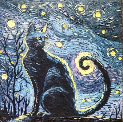Original Oil Painting Black Cat Night Van Gogh 3D Art Hand Painted 16x16 inches