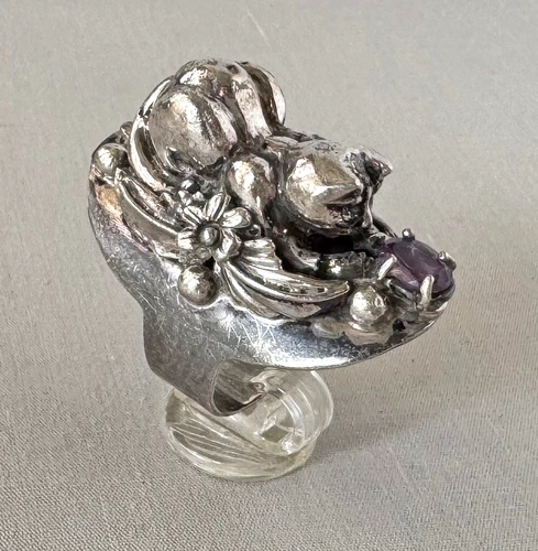 Vintage Carol Felley Sterling Silver & Amethyst KITTY CAT Ring Size 8.75;Y791