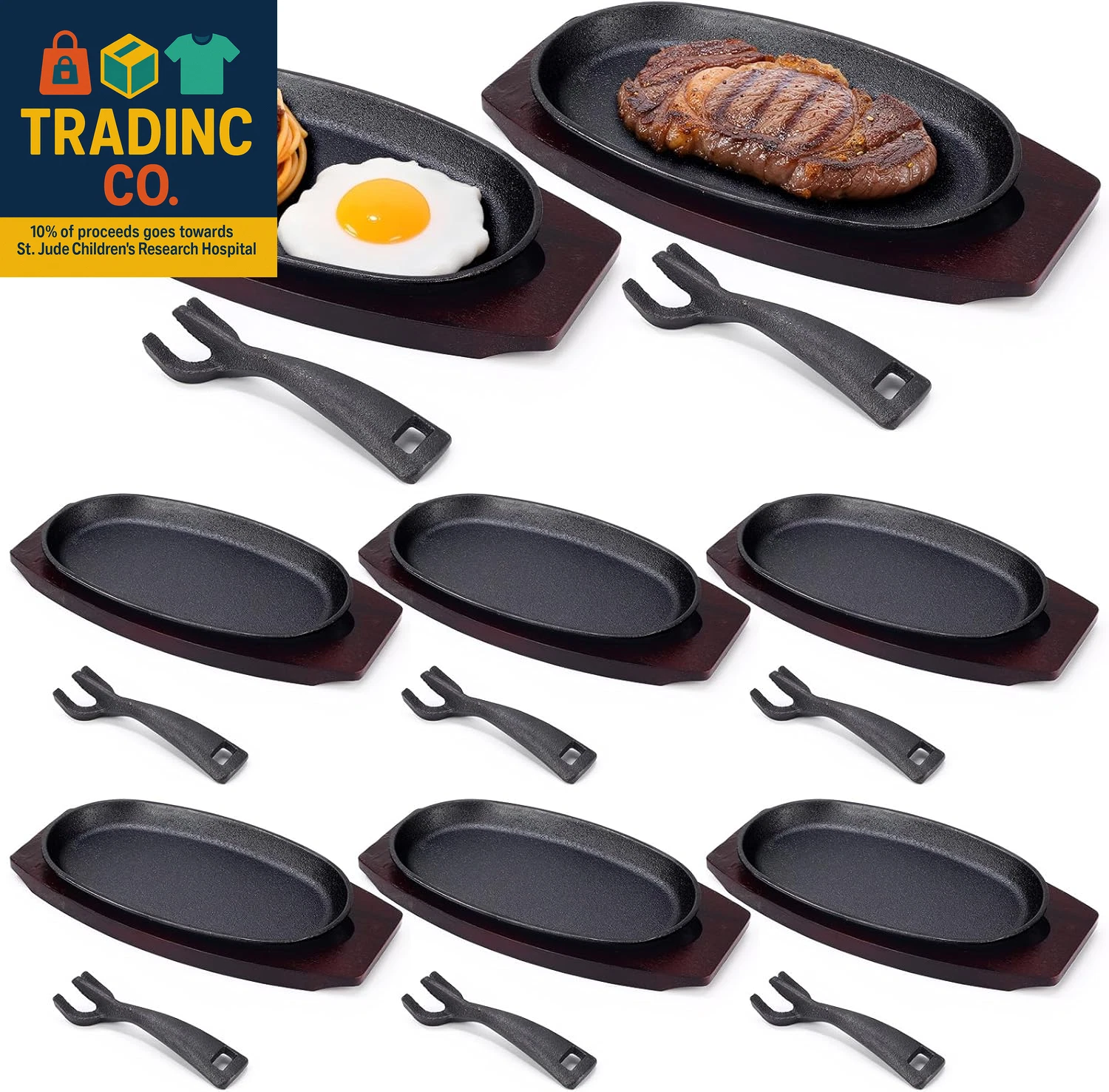 8 Pieces Cast Iron Fajita Skillet Pan Set Sizzling Steak Plate with Wooden Base