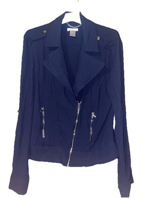 Vintage Cache Women s Jacket Shirt Navy Blue Zipper w/Pockets sz 8 Sheer Back
