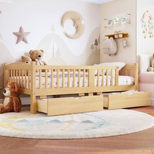 FUNIDEE Twin Platform Bed Frame with Full-length Guardrails & Drawers Natural
