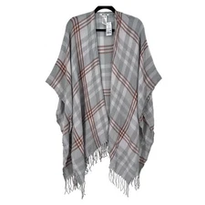 New Three Dots Womens Plaid Fringe Open Front Poncho Cape Shawl One Size Gray