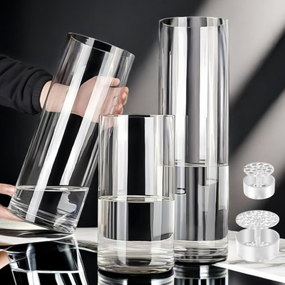 3 Large Acrylic Clear Cylinder Vase Set with 2 Spiral Ikebana Stem Holder Ring,