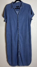Susan Graver Womens Large Long Shirt Dress Denim Short Sleeve Pockets Preppy