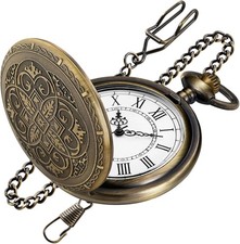 Tiong Vintage Ornate Engraved Pocket Watch with Chain Roman Numeral Scale Quart
