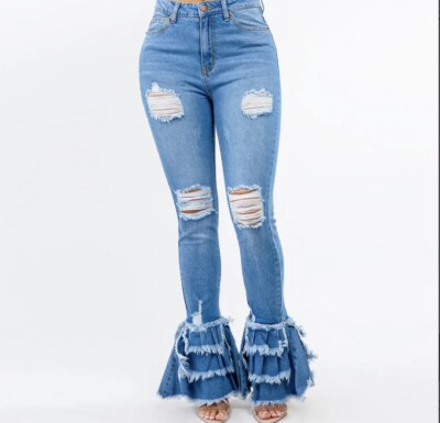 Plus Size High Waist Fringed Flare Jeans