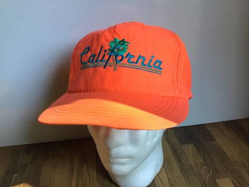 Vintage 90s California Palm Tree Vacation Orange Neon Snapback Hat Cap