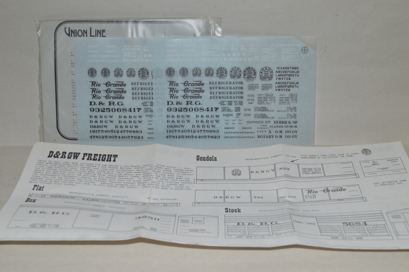 HO scale dry transfer decals Union Line Denver & Rio Grande RR narrow
