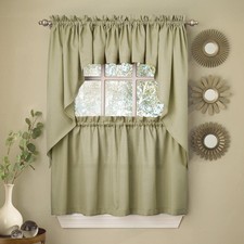 Sage Solid Opaque Ribcord Kitchen Curtains - Choice of Tiers Valance or Swag