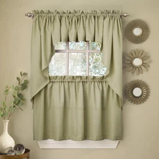Sage Solid Opaque Ribcord Kitchen Curtains - Choice of Tiers Valance or Swag