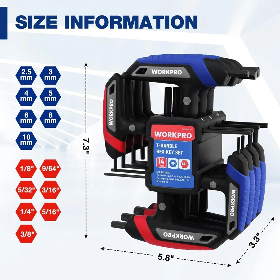 WORKPRO 14PCS T-Handle Allen Wrench Set Metric/SAE T Handle Hex Key Long Hex Key - Image 3 of 4