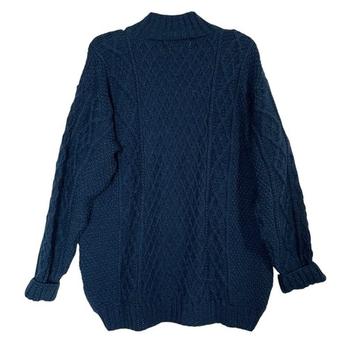 Maglione Aran Market Made in Ireland maglione collo bottoni lana merino blu navy cavo - Foto 3 di 10