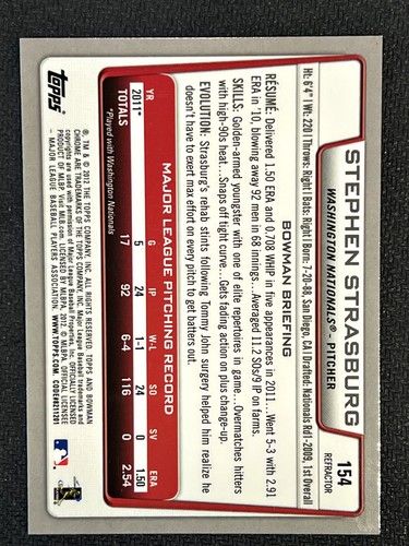 2012 Bowman Chrome Refractor Stephen Strasburg Washington Nationals #154 - Picture 2 of 2