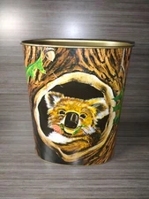 VINTAGE JL CLARK Tin trash can Koala Bear In Tree Trunk 6" 1960s Collectible