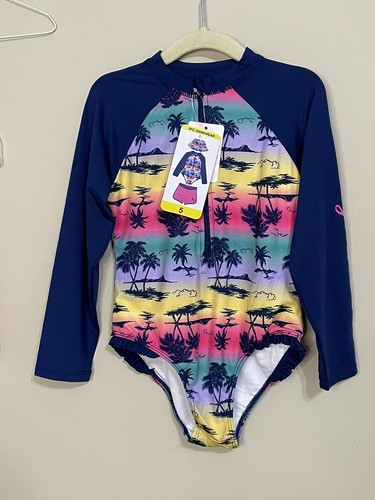 NWT Tommy Bahama SIZE 5 blue pink long sleeve swimsuit Shorts & Hat set girls - Picture 3 of 12