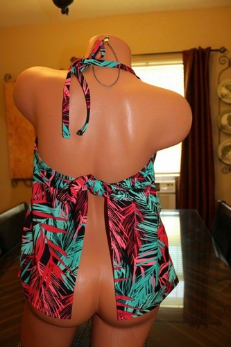 Catalina Swim Tankini Top Ruffle Open Back Tropical Size Small - Picture 2 of 4