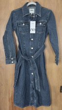 Zara The Doro Denim Shirt Dress Front Pockets Buttons Medium Dark Wash XS NWT