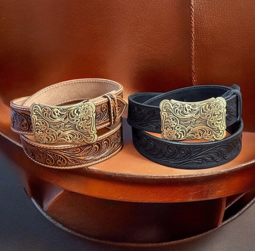 Cintura western fatta a mano in pelle pieno fiore con fibbia rimovibile cintura cowboy - Foto 9 di 97