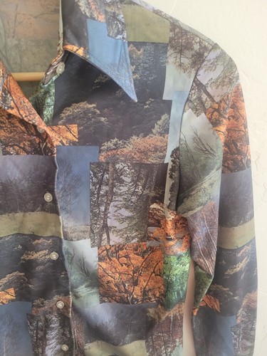 Vtg 70s Polyester Disco Womens Forest Allover Print Floral Psychedelic Mod Shirt - Picture 4 of 11