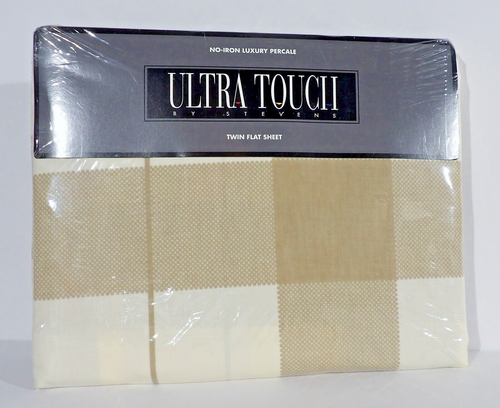 Ultra Touch by Stevens Twin Flat Sheet Tan Plaid Vintage NEW Package Wear - Picture 1 of 5