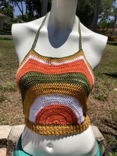 Vntg Hippy 70s Hand Crocheted Halter Top Sunset Design Woodstock 25 1/2” Width - Picture 1 of 8