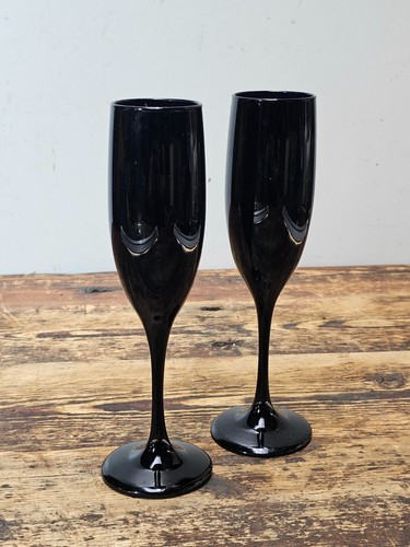 Set of 2 Vintage Black Amethyst Glass Libbey Premiere Champagne Flutes 9"H - Picture 6 of 6