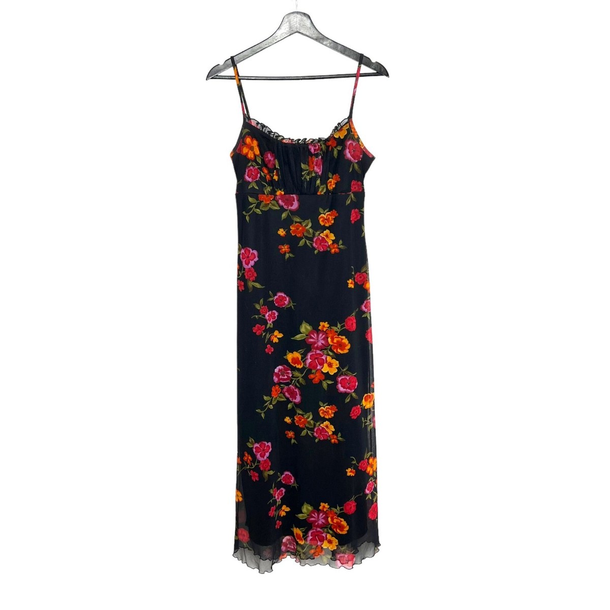 90s floral spaghetti strap dress Vintage Black Multicolor Lettuce Edge Full Length Dre Dress has a lovely 100 maxi dress sundress Floral Size:L USA