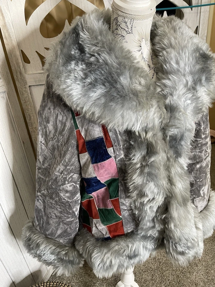 Vintage imitación gamuza cuero retazos imitación piel crop multicolor retro años 70 mediano Foto 2 de 4