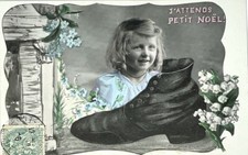 I AM WAITING FOR LITTLE CHRISTMAS Antique French Postcard LITTLE GIRL FIREPLACE